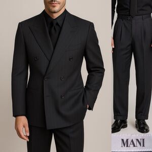 MANI 2-Pcs Striped Suit Double-Breasted Jacket Blazer Sz 40R Pants 34X29.5 Wool